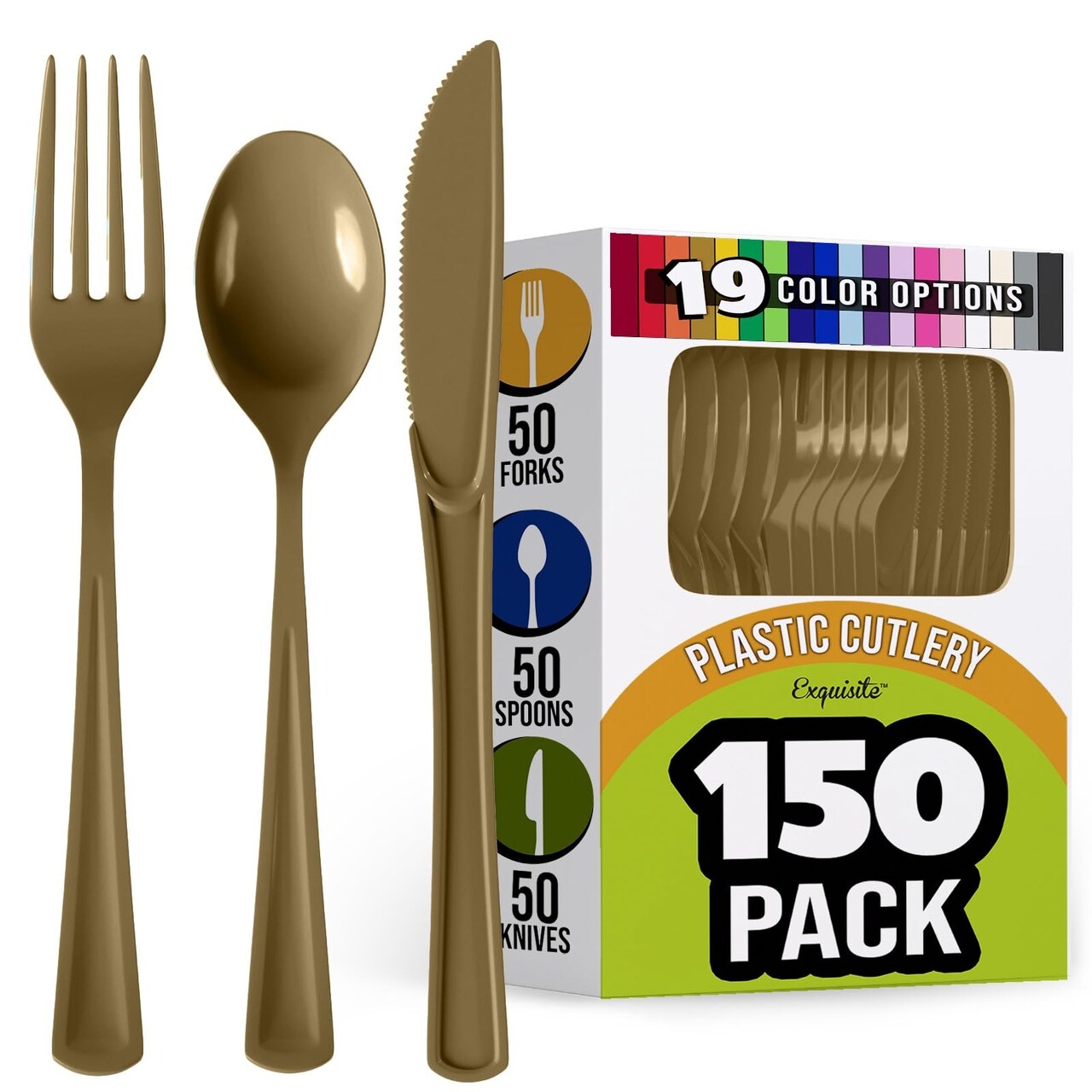 Exquisite Polished Plastic Silverware – 150 Pcs Heavy Duty Cutlery Set – 50 Each of Forks, Knives & Spoons – Disposable Utensil Set for Parties, Events & Catering – Flatware Set by Party Solids